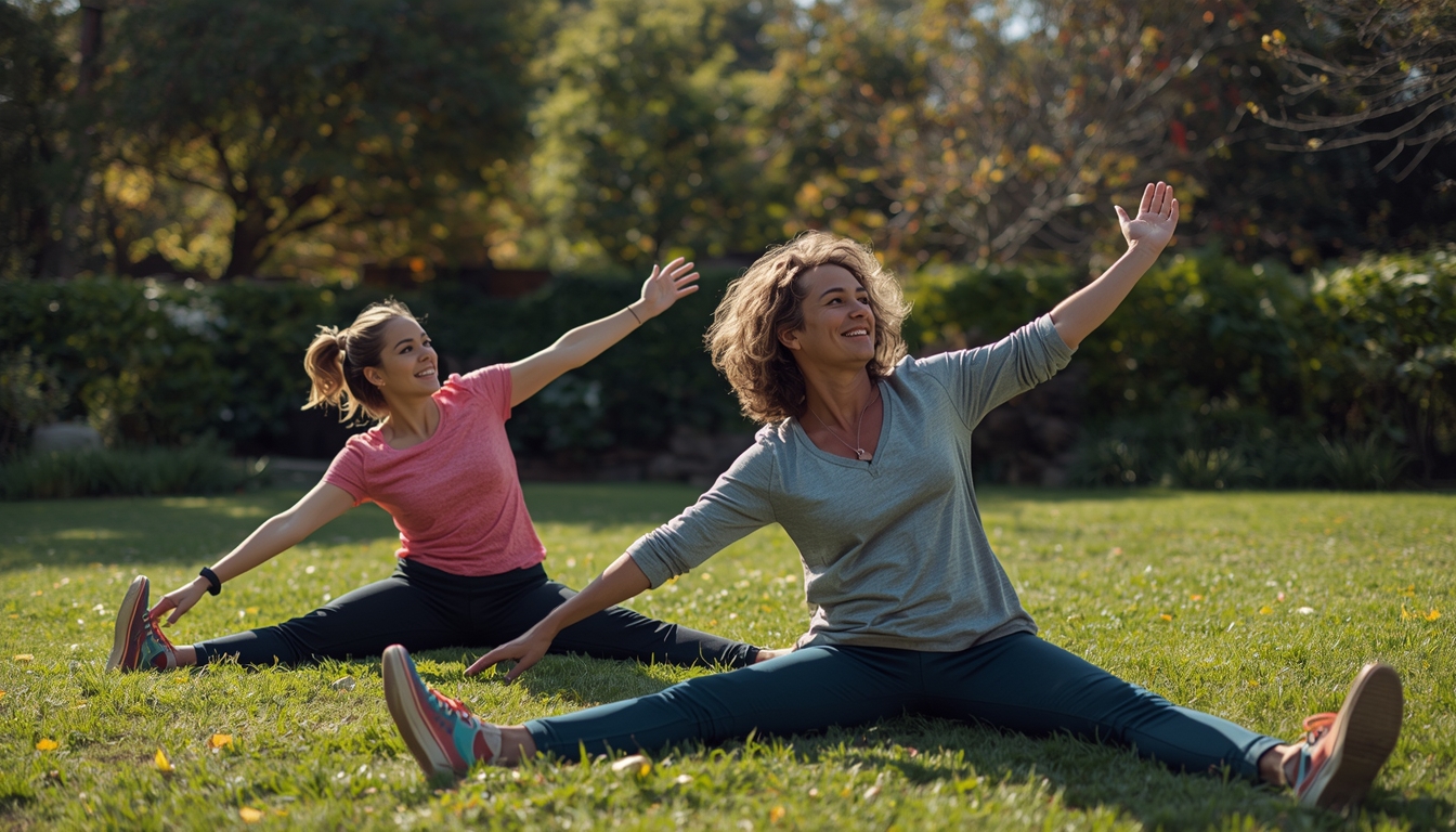 Elbowsgrbeautae friends stretching outdoors
